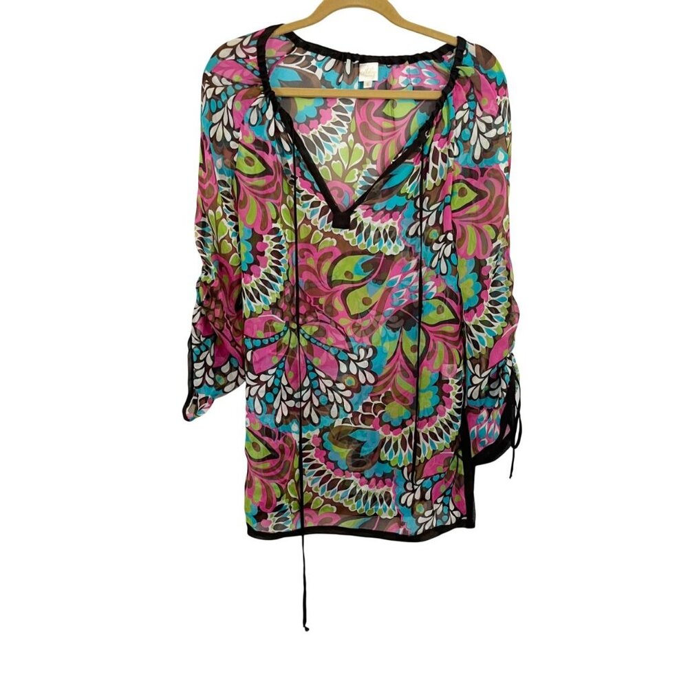 Milly Multicolor Deco Artsy Silk Sheer Long Sleeve Blouse Retro Size Small